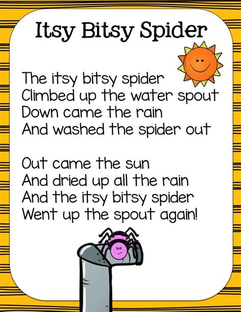 [Chorus] The itsy bitsy spider climbed up the water spout Down came the rain and washed the spider out Out came the sun and dried up all the rain And the itsy bitsy spider climbed up the spout again I believe in love And who knows where or when Bit it's comin' around again [Chorus] I know nothin' stays the same But if you're willing to play the ...
